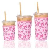 Reusable 3-Pack Iced Coffee Cup Sleeve, Insulated Neoprene, Beverage Holder for Iced Coffee, Durable Drink Sleeve for Cold Beverages, Pink Bows