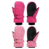 SATINIOR 2 Pairs Kids Snow Mittens Waterproof Winter Ski Gloves Warm Thicken Snow Gloves for Girls Boys (Rose Red, Pink,3-5 Years)