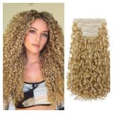 REECHO Curly Hair Extensions - 4PCS 18 GoGo Curly Clip in Hair Extensions 100% Super Protein Hairpieces with Invisible Lace Weft Silky Soft Natural Look for Women - Honey Blonde