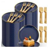 Festiva 400Pcs Navy Blue Gold Dessert Plates 6.3 with Forks 5- 200PCS Small Disposable Dessert/Cake/Appetizer Plates and 200PCS Forks - Serve 200 Guests for Hanukkah Party&Birthday &New Year