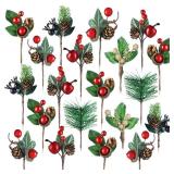 Janinka 28 Pcs Artificial Christmas Greenery Red Berry Picks Pine Cones Holly Berries Flower Stem Needles Branches Fake Greenery Floral Picks for Xmas Tree Winter Crafts Party Festive Home Decor