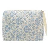 PAZIMIIK Quilted Makeup Bag Large Travel Zipper Soft Cosmetic Pouch for Women Girls Make Up,Little Flower Blue