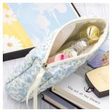 PAZIMIIK Quilted Makeup Bag Large Travel Zipper Soft Cosmetic Pouch for Women Girls Make Up,Little Flower Blue