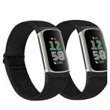 2 Pack Elastic Nylon Bands Compatible with Fitbit Charge 6 / Fitbit Charge 5, Classic Soft Breathable Adjustable Sport Smartwatch Replacement Wristband for Women Men (black+black)