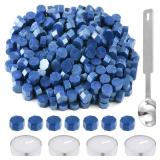 Bouiexye 500 Pcs Sky Blue Octagon Wax Seal Beads Kit with 4 Pcs Tea Candles 1 Pc Melting Spoon for DIY Crafts Letters Wedding Wine Bottle Sealing