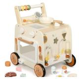 Pithfor Wooden Baby Walker, 3-in-1 Baby Push Walker, with Pretend Kitchen, Montessori Sensory Activity Center, Push Walker Toys for Babies Learning to Walk, Sit-to-Stand
