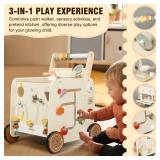 Pithfor Wooden Baby Walker, 3-in-1 Baby Push Walker, with Pretend Kitchen, Montessori Sensory Activity Center, Push Walker Toys for Babies Learning to Walk, Sit-to-Stand