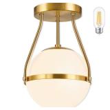 Bagood 8 Inch Mid Century Ceiling Light Modern Semi Flush Mount Ceiling Light Fixture Globe Ceiling Light Fixture with Milk Glass Shade Brass Finish for Kitchen Island Hallway Living Room (Bulb Incl.)