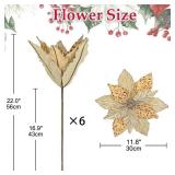 DILATATA 6pcs Glitter Christmas Flowers 12 Inch Large Velvet Poinsettia Artificial Christmas Flowers Velvet Poinsettia Floral Picks Stems for Xmas Tree Decorations Wreaths Garland Wedding - Champagne
