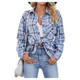 CHYRII Womens Button Down Flannel Shirts Long Sleeve Plaid Shacket Business Casual Blouse Topss Blue Haze-7123 XXL