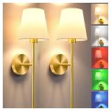 JOFIOS Battery Operated Wall Sconce Set of 2,Gold Wireless Wall Sconce with 5200mAh Dimmable Detachable Bulbs and Remote, 10 Colors Rechargeable Sconces Decor for Bedroom Living Room Hallway