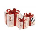 3-Piece Lighted Gift Boxes - Pre Lit Christmas Decoration with Ribbons for Indoor/Outdoor Use (8in) - Weather Resistant Yard Home Decor with Warm UL Lights