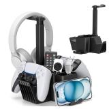 KDD Dual Controller Holder with Headphone Stand - Multi-Functional Desk Storage Box with Phone Holder - Universal Controller Stand with Desktop Organizer for Remote Control Pen Accessories(Black)