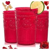 Ciaell 12 Pack Romantic Plastic Water Glasses - 14 Oz Red Vintage Drinking Glasses, Embossed Ribbed Plastic Cups, Textured Striped Set for Juice, Beverages, Beer, Cocktail & Valentine