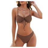 ZAFUL Women High Cut Bikini Sets String Sexy Swimsuit Two Piece Underwire Bathing Suit Brazilian Cheeky Cut Out Cute Swimwear Coffee M