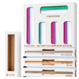 Calmbee Storage Bag Organizer - Foil & Plastic Wrap Organizer with Cutter, Kitchen Storage Compatible with Gallon, Quart, Sandwich, Snack Bags & 12 Aluminum Foil & Wax Paper, White