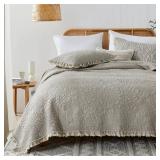 HORIMOTE HOME Beige Ruffled Quilt Queen Size, Stone-Washed Microfiber Lightweight Crinkled Farmhouse Rustic Shabby Chic Bedding Set, 3 Pieces Reversible Bedspread with Pillow Shams for All Season
