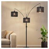 Dimmable Floor Lamp-3 Lights Arc Floor Lamps for Living Room,Modern Tall Standing Lamp With Black Drum Hollow-carved Design Shades,Gothic Mid Century Tree Floor Lamp for Bedroom Corner,Bulbs Included