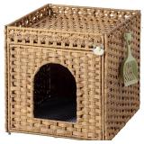 Cat Litter Box Enclosure Furniture, Hidden Litter Box with Mat and Fence, Handwoven Rattan Cat House with Two S-Shaped Hooks for Living Room, Bedroom, 18.5 x 20.5 x 19.1 Inches (Natural)