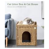 Cat Litter Box Enclosure Furniture, Hidden Litter Box with Mat and Fence, Handwoven Rattan Cat House with Two S-Shaped Hooks for Living Room, Bedroom, 18.5 x 20.5 x 19.1 Inches (Natural)