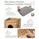 Cat Litter Box Enclosure Furniture, Hidden Litter Box with Mat and Fence, Handwoven Rattan Cat House with Two S-Shaped Hooks for Living Room, Bedroom, 18.5 x 20.5 x 19.1 Inches (Natural)