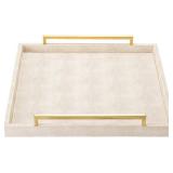Large Ottoman Tray for Coffee Table,Square Shagreen Leather Decorative Tray with Gold Handles for Living Room Decor