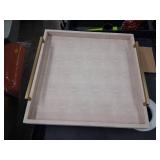 Large Ottoman Tray for Coffee Table,Square Shagreen Leather Decorative Tray with Gold Handles for Living Room Decor