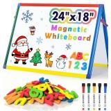 SWANCROWN Magnetic Board for Kids - Tabletop White Board for Children- 24x18 Inch Double Sided Foldable Dry Erase Board Standing with 82Pcs Alphabet Magnets Whiteboard Letters
