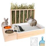 3 in 1 Rabbit Hay Feeder with Litter Box,Upgraded Wooden Hay Feeder Set for Guinea Pig Chinchilla Bunny Other Small Animals,Quick Cleaning & Large Capacity & Preventing Waste