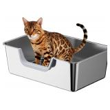 Stainless Steel Cat Litter Box, Steel Litter Pan with Curved Low Entry, Leak Proof 6 Inch High Side for Urine, Easy Entry for Kittens Older Cats, No Slip, 17.7" x 13.8" x 6", Silver