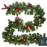 Nerosun 9FT Christmas Garland with 50LED Lights, Battery Operated Prelit Garland Christmas Decorations Timer 8 Mode, Artificial Outdoor Christmas Garland Greenery Pinecone for Indoor Door Decor