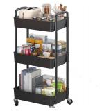 Sywhitta 3-Tier Plastic Rolling Utility Cart with Handle, Multi-Functional Storage Trolley for Office, Living Room, Kitchen, Movable Storage Organizer with Wheels, Black