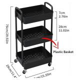 Sywhitta 3-Tier Plastic Rolling Utility Cart with Handle, Multi-Functional Storage Trolley for Office, Living Room, Kitchen, Movable Storage Organizer with Wheels, Black