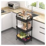 Sywhitta 3-Tier Plastic Rolling Utility Cart with Handle, Multi-Functional Storage Trolley for Office, Living Room, Kitchen, Movable Storage Organizer with Wheels, Black