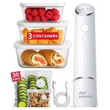 $125 Chef Preserve Compact Vacuum Sealer for Food (Vacuum Sealer Machine + 3 Glass Vacuum Containers + 30 Reusable Vacuum Bags) Powerful Handheld Vacuum Seal Machine, Seal Meal Saver, Portable Food Se