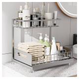 Under Sink Organizer Storage 2-Tier Premium Metal Pull-Out Kitchen Cabinet Organizer with Sliding Drawer, Height Adjustable, Heavy Duty for Kitchen & Bathroom Organizers 2 Pack Grey