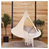 $250 Single Cacoon Hanging Chair   Cozy Indoor/Outdoor Hammock with Polyester Canvas, 440 lb Capacity, Includes 18ft Rope & Carabiner (Natural)