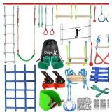 $150 Ninja Warrior Obstacle Course for Kids Backyard - 2 50ft Slackline Kit with 10 Most Complete Accessories for Boys & Girls, Swing, Rope Ladder, Gymnastic Ring, Climbing Net, Arm Trainer and Monkey