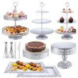 Silver Cake Stand Sets, Metal Dessert Table Display Tiered Cupcake Holder Food Fruit Donut Plate Serving Tower Tray Platter With Tong, Cake Knife and Server Set For Wedding Birthday Party Decor 11PCS