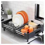 Stainless Steel Dish Drying Rack - Dish Drainer for Kitchen Counter, Extendable Drainboard with Foldable, Space-Saving Cup & Bowl Organizer, Includes Knife and Utensil Holder, Black