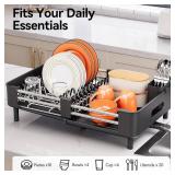 Stainless Steel Dish Drying Rack - Dish Drainer for Kitchen Counter, Extendable Drainboard with Foldable, Space-Saving Cup & Bowl Organizer, Includes Knife and Utensil Holder, Black