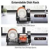 Stainless Steel Dish Drying Rack - Dish Drainer for Kitchen Counter, Extendable Drainboard with Foldable, Space-Saving Cup & Bowl Organizer, Includes Knife and Utensil Holder, Black