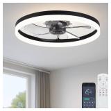 20" Ceiling Fan with Light, Upgraded Low Profile Fan, Flush Mount Ceiling Fan, 6 Speeds, Dimmable LED, App & Remote Control, Quiet DC Motor, for Bedroom, Living Room, F115 Black