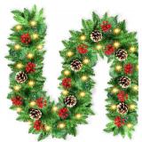 Christmas Garland, JTSIOV 9ft Artificial Christmas Tree Garland with 9ft Lights, Pine Cones, Red Berries, Branch Tips, Waterproof Christmas Decoration for Stairs, Fireplace, Door, Xmas Trees, Garden