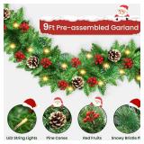 Christmas Garland, JTSIOV 9ft Artificial Christmas Tree Garland with 9ft Lights, Pine Cones, Red Berries, Branch Tips, Waterproof Christmas Decoration for Stairs, Fireplace, Door, Xmas Trees, Garden