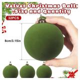 32 Pcs Green Velvet Christmas Balls Bulk - 3.15 Inch Flocked Christmas Tree Ball Ornaments Xmas Shatterproof Hanging Ornaments for Xmas Tree Garland Holiday Party Decoration