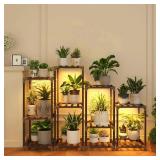 Bamworld Plant Stands with Grow Light Indoor 4 Sets Plant Shelves Outdoor Wooden Plant Holder for Multiple Plants Flower Stands Window Warm Light