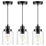 Industrial Pendant Lighting, Modern Clear Glass Shade Farmhouse Adjustable Hanging Light Fixtures for Kitchen Island Living Room Bedroom Hallway, 3-Pack