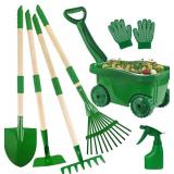 Duckura Kids Gardening Tools Set - 7pcs Wheelbarrow Set for Kids with Shovel, Rake, Leaf Rake, Summer Outdoor Yard Digging Weed Birthday Gifts Toys, Easter for Boys Girls Age 2 3+ Years(Green)