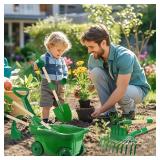 Duckura Kids Gardening Tools Set - 7pcs Wheelbarrow Set for Kids with Shovel, Rake, Leaf Rake, Summer Outdoor Yard Digging Weed Birthday Gifts Toys, Easter for Boys Girls Age 2 3+ Years(Green)